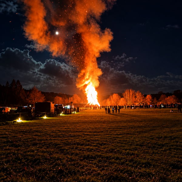 A towering bonfire lights up a field on Bonfire Night