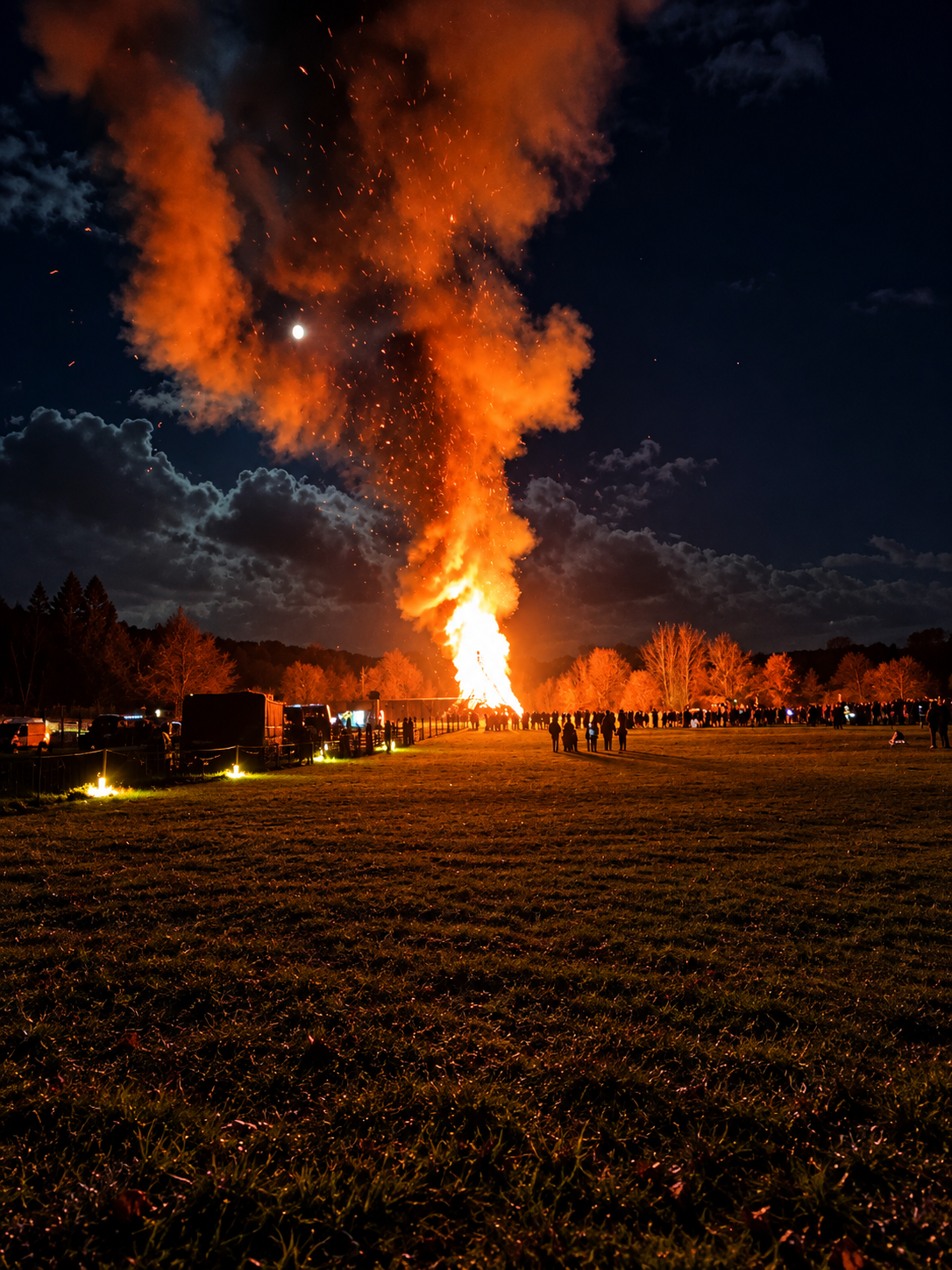 A towering bonfire lights up a field on Bonfire Night
